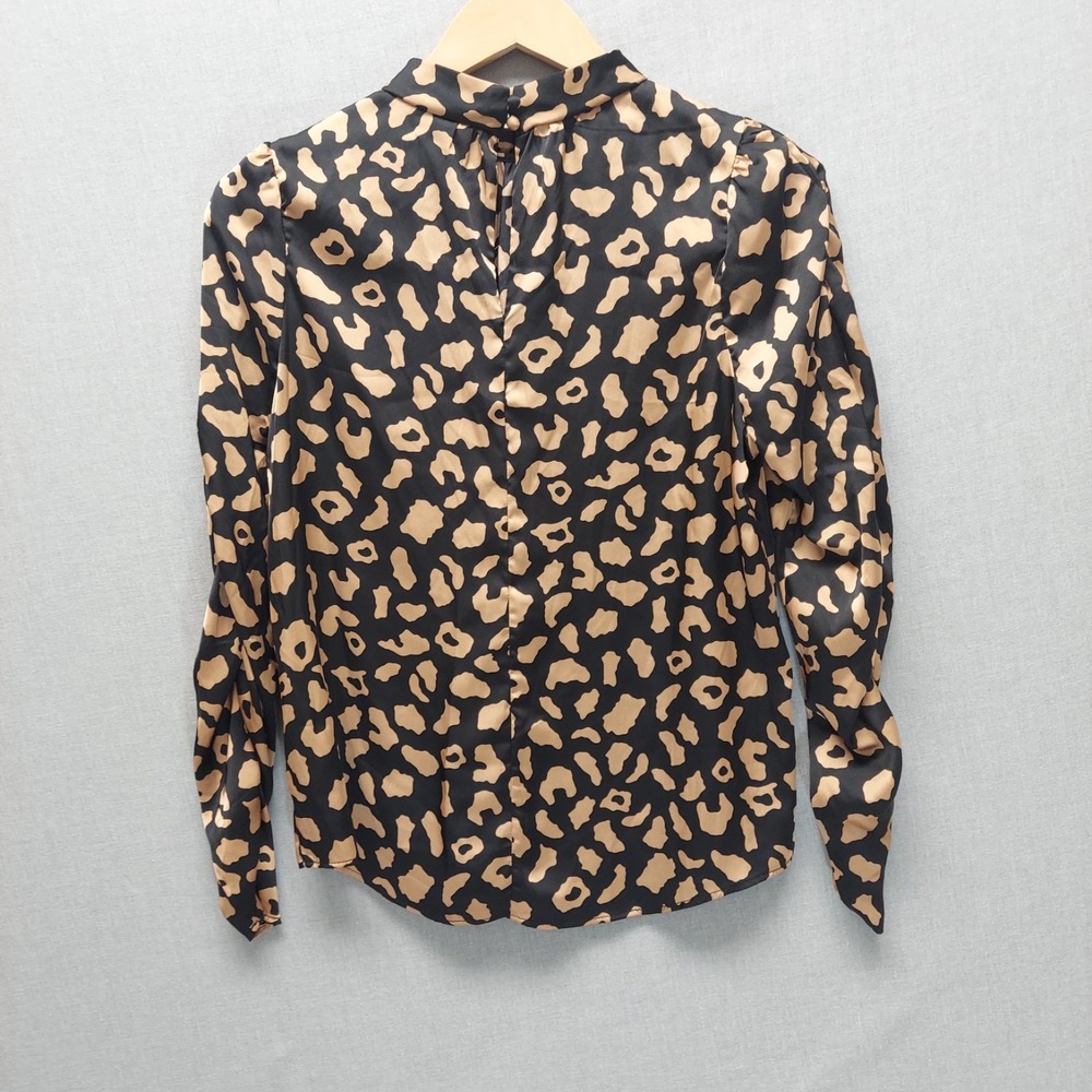 Womens M Animal Print Blouse Mock Neck Ruched‎ Sleeve Top Structured Office Chic - Picture 8 of 16